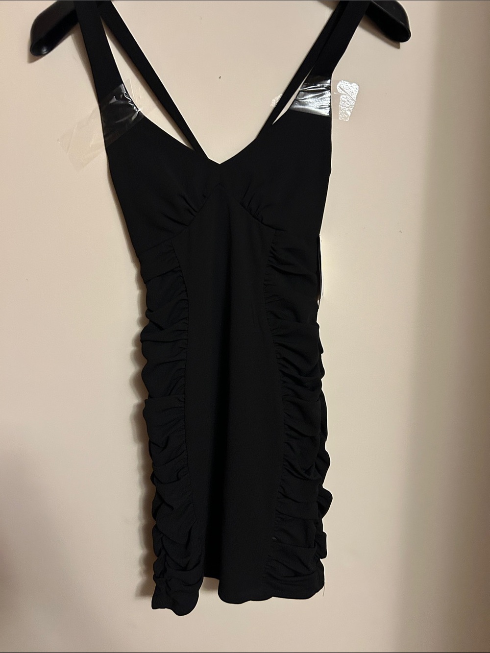 Classic Black Ruched Sides V-Neck Mini Dress Spaghetti Straps. size M. New/tags